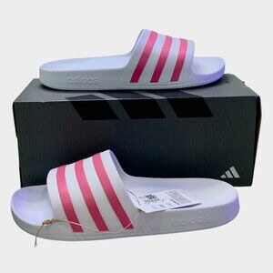 Adidas Women's Adilette Aqua Slide Sandal Slip-On- Pink & White- NWT + Box, Size